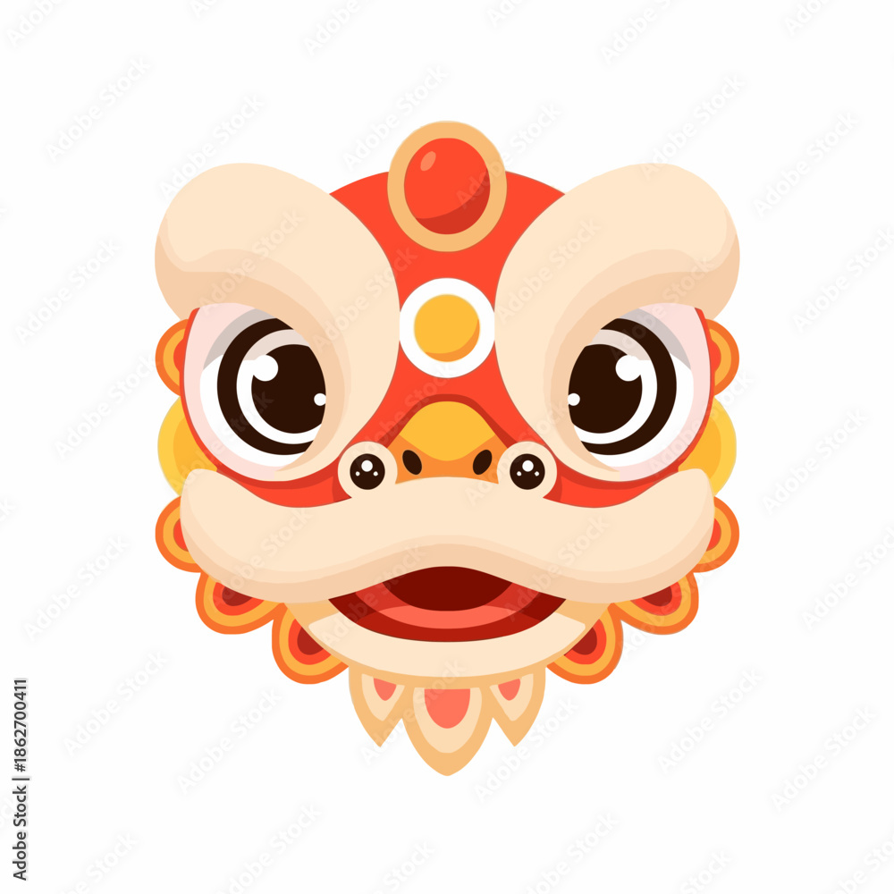 Fototapeta premium Flat vector icon of Chinese lion dance head, simplified and rounded design