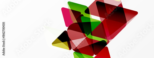 Abstract geometric shapes overlap, creating vibrant color blends. Red, green, pink hues dominate white background. Modern design.