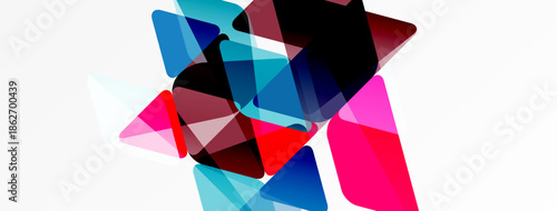 Abstract geometric shapes overlap, creating vibrant color blends. Composition feels dynamic, modern, visually interesting.