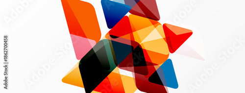 Abstract geometric shapes overlap, creating vibrant color blends. Composition feels dynamic, modern, energetic. White background emphasizes forms.