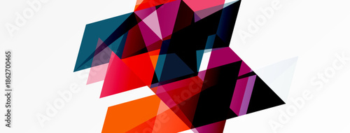 Abstract geometric shapes overlap, creating vibrant color contrasts on white background. Modern design, dynamic composition.