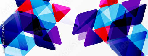 Abstract geometric shapes overlap, creating vibrant color gradients. Blue, purple, red tones dominate composition. Modern design element.