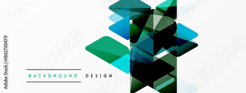 Abstract geometric shapes overlap creating modern design. Blue, green hues dominate white background. Minimalist style, clean lines present.