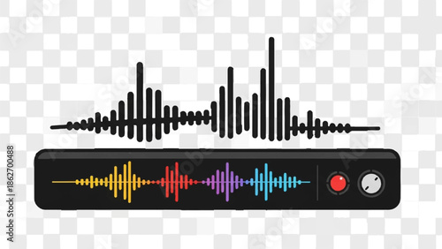 Illustration of a black audio recorder displaying colorful sound waves, with a black waveform above it
