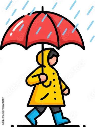 Illustration of a person in yellow raincoat and blue boots holding a red umbrella walking in rain
