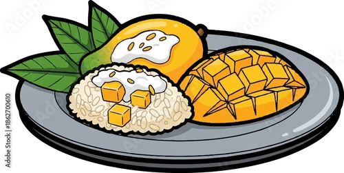 Illustration of a plate featuring whole and diced mangoes, sticky rice, and creamy sauce