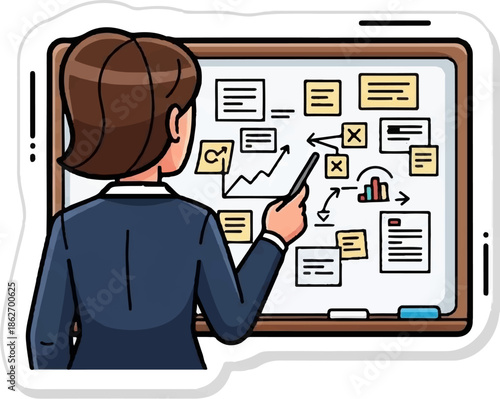 Illustration of a person in a suit presenting complex info on a whiteboard with charts, graphs, notes