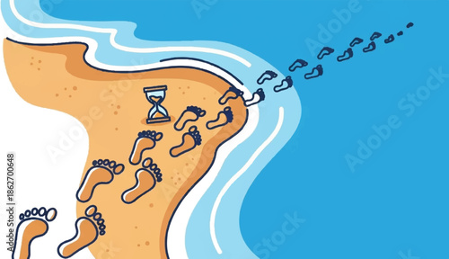 Illustration of a sandy beach with an hourglass, footprints, and waves leading to the ocean