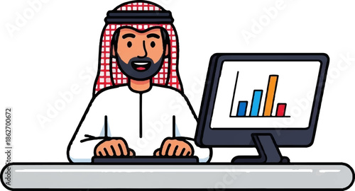 Illustration of a smiling bearded man in Arab attire working on a computer with a bar chart display