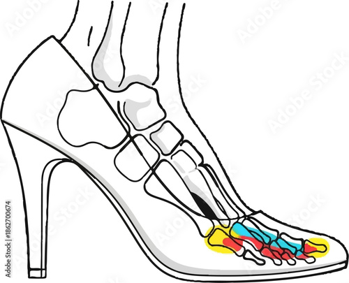 Illustration of a skeletal foot wearing a high-heel shoe, with colored areas indicating pressure points on the bones