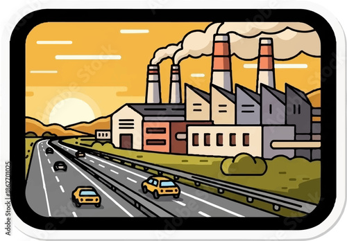 Industrial factories with smoking chimneys stand beside a busy highway with cars at sunset, hills in background