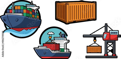 Illustrations of maritime shipping, including cargo ships with containers, a standalone container, and a port crane