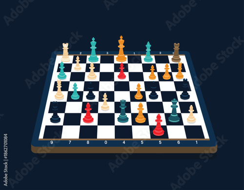 Chessboard with colorful pieces in strategic formation.