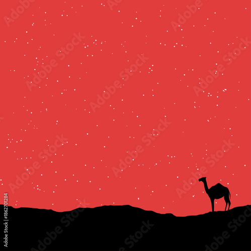 Camel Silhouette Under a Red Starry Sky