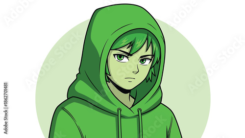 Anime-style character with green hair and hoodie looking intently.