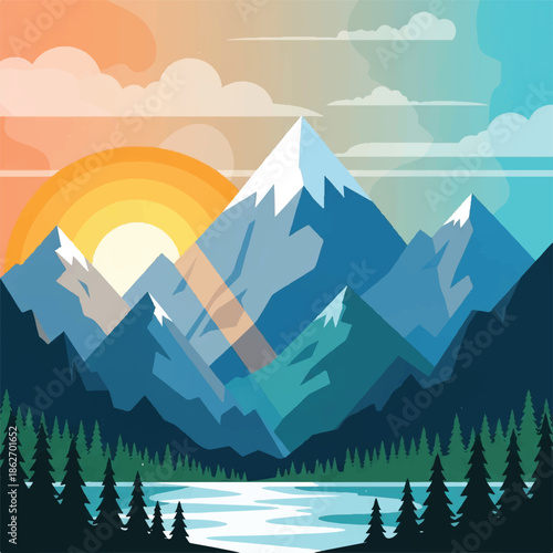 Playful cartoon mountains including snowy peaks, rocky cliffs, grassy hills, and serene lakes, perfect for kids books, games, and adventure illustrations.