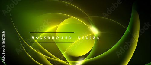Abstract neon lines create dynamic, glowing curves. Yellow, green hues dominate dark background. Text reads background design.