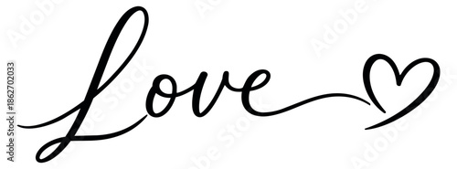 Hand drawn script illustration of the word Love with a heart depicting heartfelt emotion for romantic designs