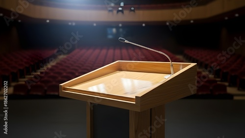 A wooden podium with a microphone stands center stage in an empty auditorium ready for a presentation