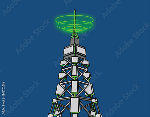 Futuristic Tower with Glowing Green Energy Transmission.