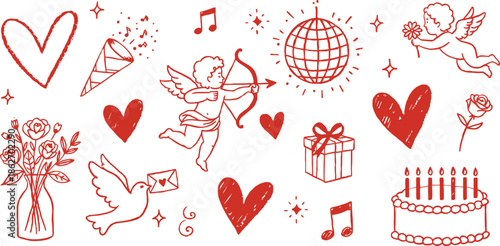 Charming hand-drawn vector doodle collection of love and celebration elements, featuring romantic hearts, cupid, gifts, and festive party icons for special occasion designs