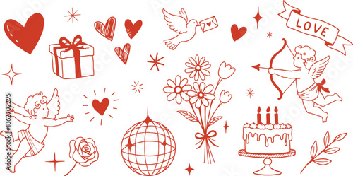 Charming Hand-Drawn Vector Art Collection Featuring Love, Romance, and Celebration Elements for Festive Designs
