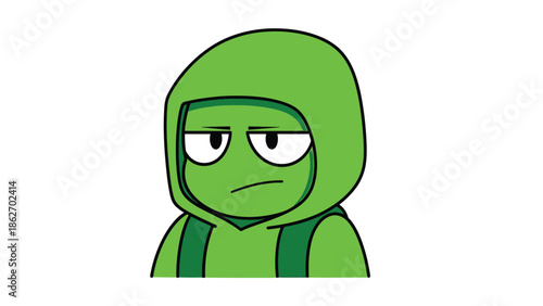 Cartoon Character with Green Hoodie and Serious Expression.