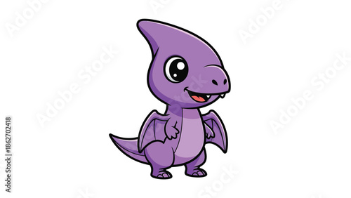 Cute Purple Pterodactyl Cartoon Character Standing and Smiling.
