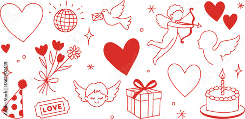 Charming Hand-Drawn Vector Art Featuring Romantic Valentine's Day Elements and Festive Celebrations