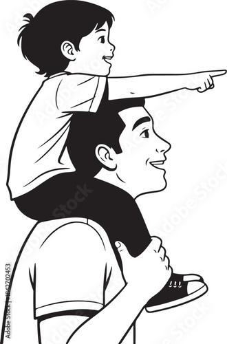 Happy Father and Child on Shoulders Pointing Line Art Black and White Illustration