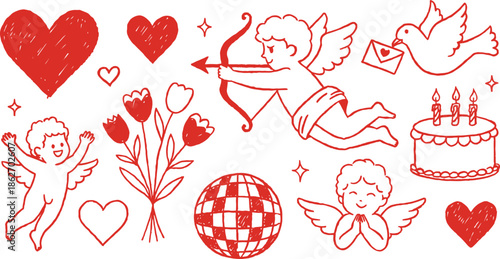 Hand-drawn Red Vector Set of Romantic and Love Illustrations for Valentine's Day and Celebrations, Featuring Cupid, Hearts, Flowers, and Decorative Elements