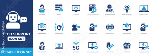 Tech support icon set for IT helpdesk, customer service and repair. Minimalist vector symbols for troubleshooting, assistance and digital tools. 