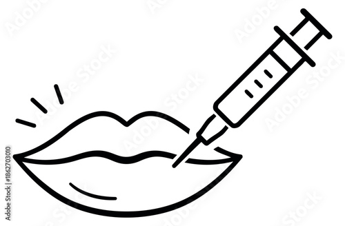 Line art illustration of lips with a syringe depicting a cosmetic injection for beauty and aesthetic procedures