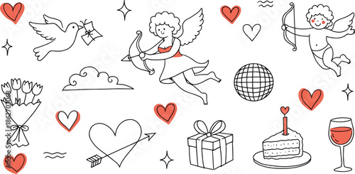 Valentine's Day doodle icons cupid, heart, dove, gift, cake, flowers, and wine glass