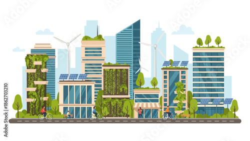 A futuristic cityscape with green buildings and wind turbines standing tall amidst modern skyscrapers and lush trees