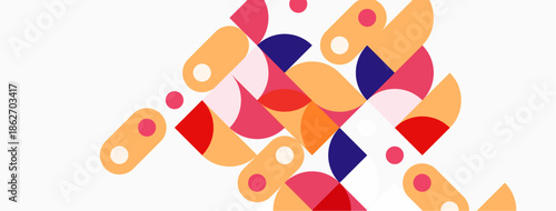 Abstract geometric shapes overlap, creating vibrant colorful composition. Orange, purple, pink dominate design. Modern aesthetic.