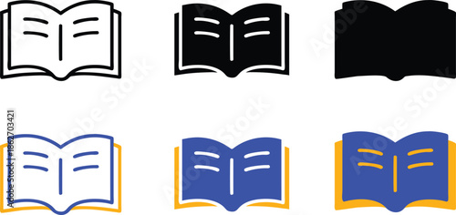 Open Book Education and Academic Literature Graphic Collection for Library Study and Digital Reading Interface Design Elements Vector Silhouette, Pictogram and Line Icon Set.eps