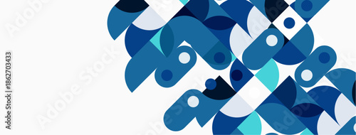 Abstract geometric shapes, blue hues, white background. Modern design, overlapping circles, rectangles create dynamic pattern.