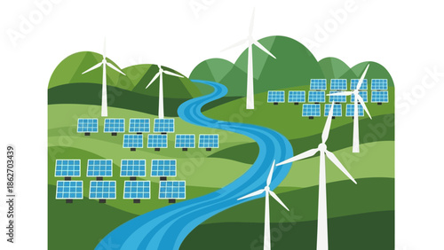 Renewable energy installations line a winding river in a green landscape with solar panels and wind turbines