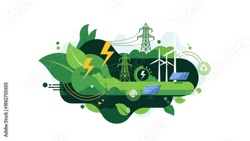 Renewable energy sources power a sustainable future with wind turbines solar panels and green technology in a natural environment