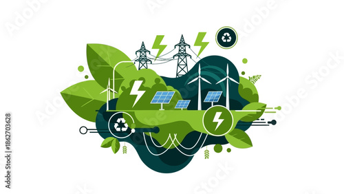 Sustainable energy sources like solar and wind power generate electricity with eco-friendly technology in a green environment.