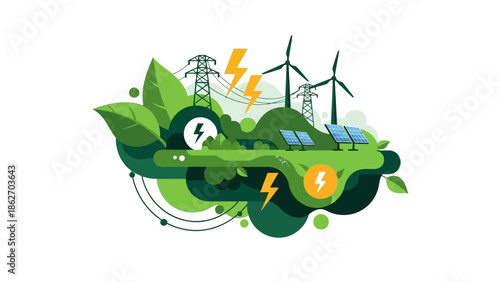 Renewable energy sources generate power with solar panels and wind turbines in an eco-friendly environment with green landscape