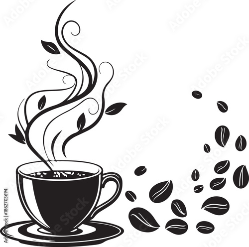 Elegant Coffee Cup Silhouette with Swirling Steam and Beans Graphic