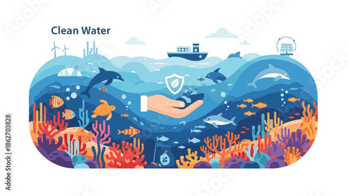 A hand holds a shield protecting a vibrant underwater scene with fish, dolphins, and coral reefs from pollution and industrial waste.