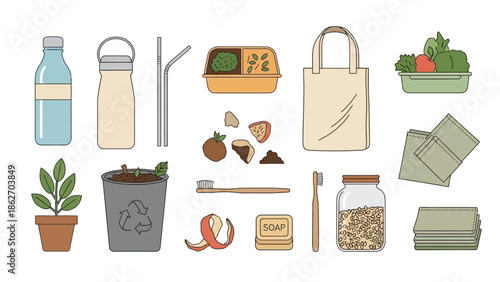 A collection of eco-friendly items and food arranged on a table indoors with a plant