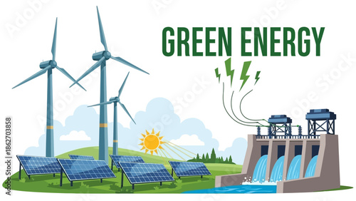 Renewable energy sources power dam with solar panels and wind turbines in a natural landscape.