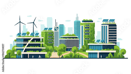 A futuristic cityscape features green skyscrapers with solar panels and wind turbines amidst lush trees and modern architecture.