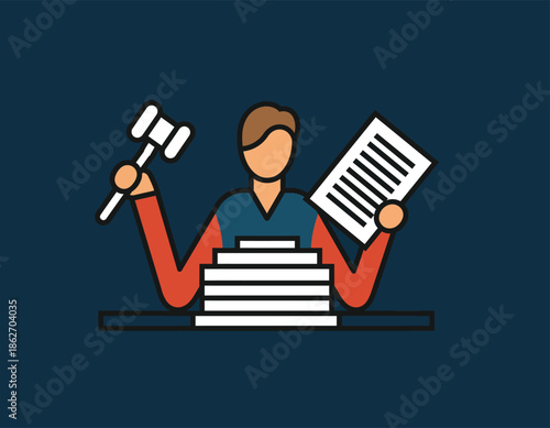 Legal professional holding gavel and documents with stack of books.