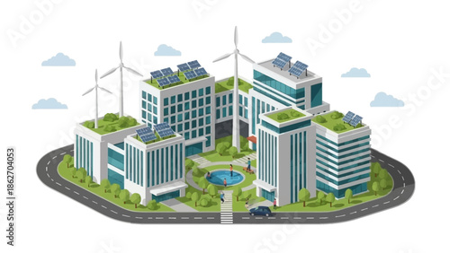 Sustainable cityscape with green buildings and wind turbines on a sunny day with blue skies and a serene environment