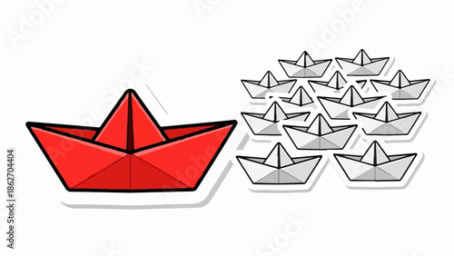 Large red paper boat leads a fleet of smaller grey paper boats on a plain white background